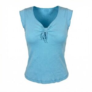 Guess Vintage Y2K Light Blue Ruched V-Neck Cap Sleeve Tank Top Women's Large